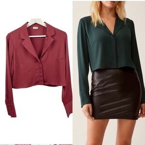 Talula Wine Red Cropped Button Up Blouse Size S